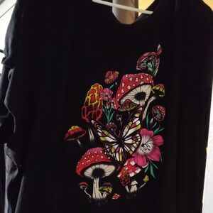 Black Tee with Vibrant Mushroom & Butterfly Graphic